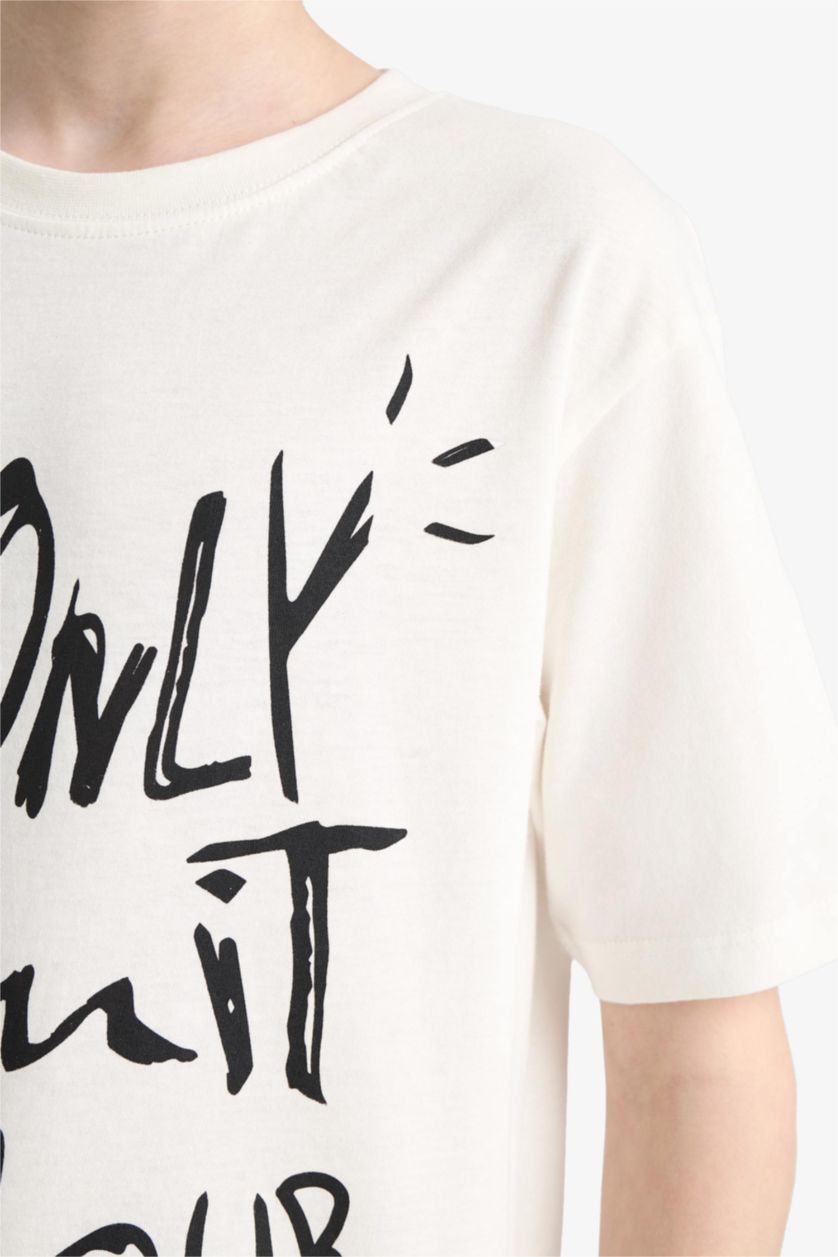 Erkek Çocuk - Genç Erkek Kırık Beyaz Bisiklet Yaka Baskılı Kısa Kollu Tişört Erkek Çocuk