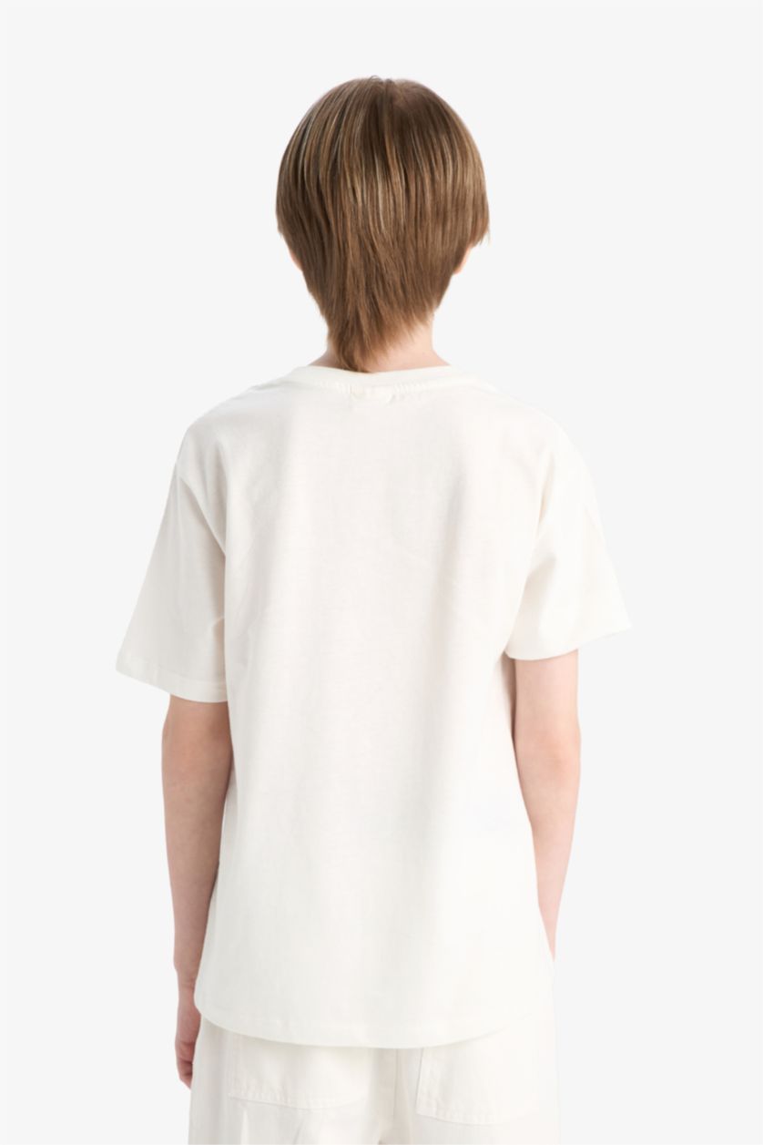 Erkek Çocuk - Genç Erkek Kırık Beyaz Bisiklet Yaka Baskılı Kısa Kollu Tişört Erkek Çocuk