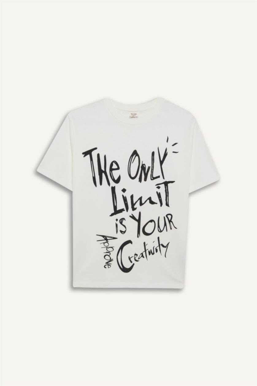 Erkek Çocuk - Genç Erkek Kırık Beyaz Bisiklet Yaka Baskılı Kısa Kollu Tişört Erkek Çocuk