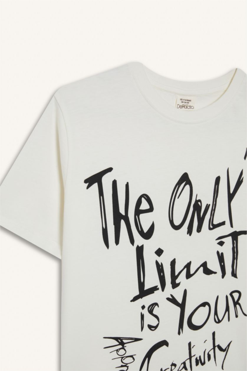 Erkek Çocuk - Genç Erkek Kırık Beyaz Bisiklet Yaka Baskılı Kısa Kollu Tişört Erkek Çocuk