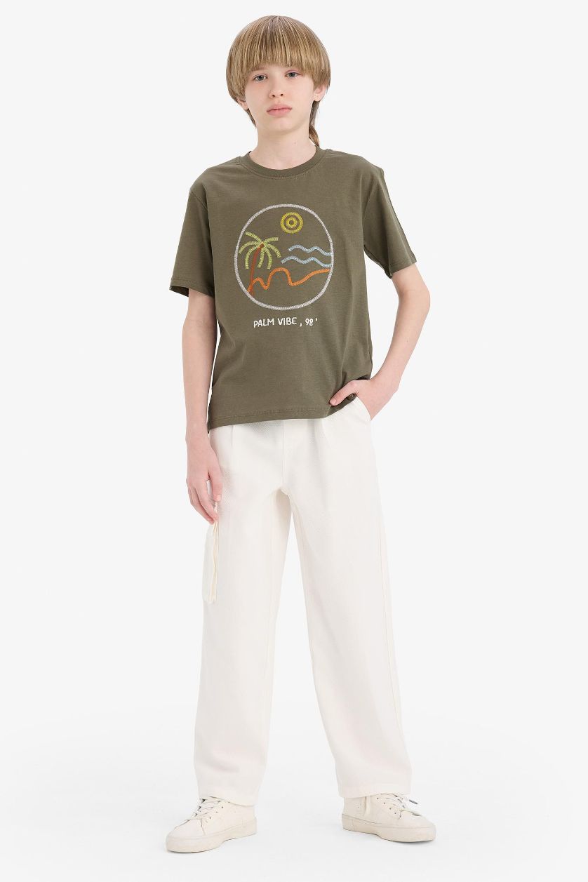 Erkek Çocuk - Genç Erkek Haki Bisiklet Yaka Nakışlı Kısa Kollu Tişört Erkek Çocuk