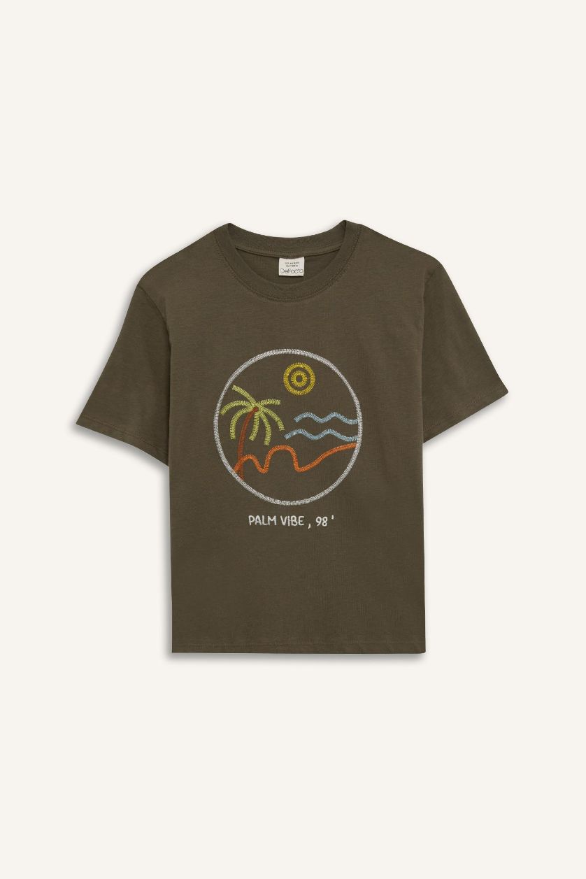 Erkek Çocuk - Genç Erkek Haki Bisiklet Yaka Nakışlı Kısa Kollu Tişört Erkek Çocuk