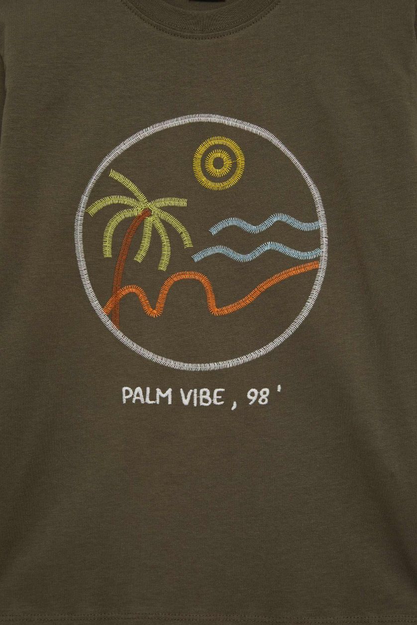 Erkek Çocuk - Genç Erkek Haki Bisiklet Yaka Nakışlı Kısa Kollu Tişört Erkek Çocuk