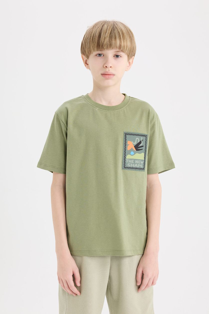 Erkek Çocuk - Genç Erkek Haki Bisiklet Yaka Nakışlı Kısa Kollu Tişört Erkek Çocuk