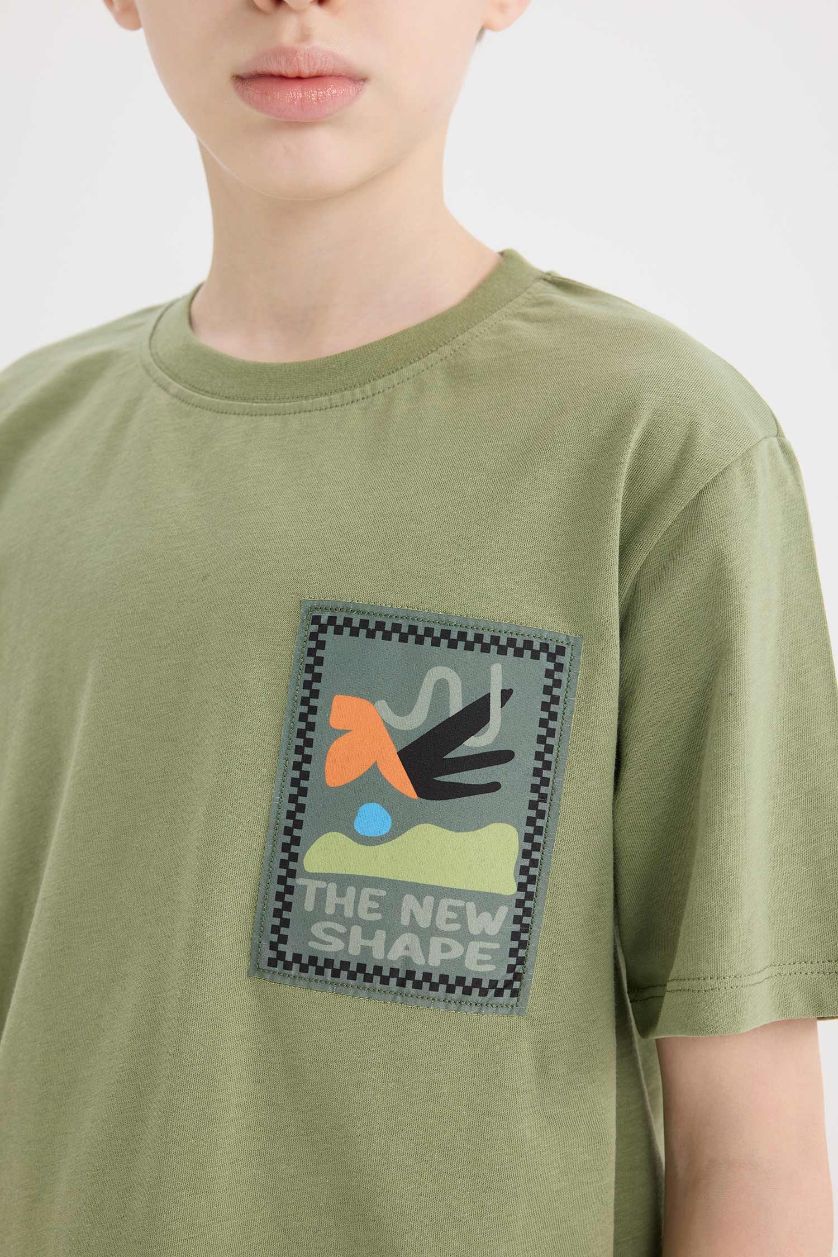 Erkek Çocuk - Genç Erkek Haki Bisiklet Yaka Nakışlı Kısa Kollu Tişört Erkek Çocuk