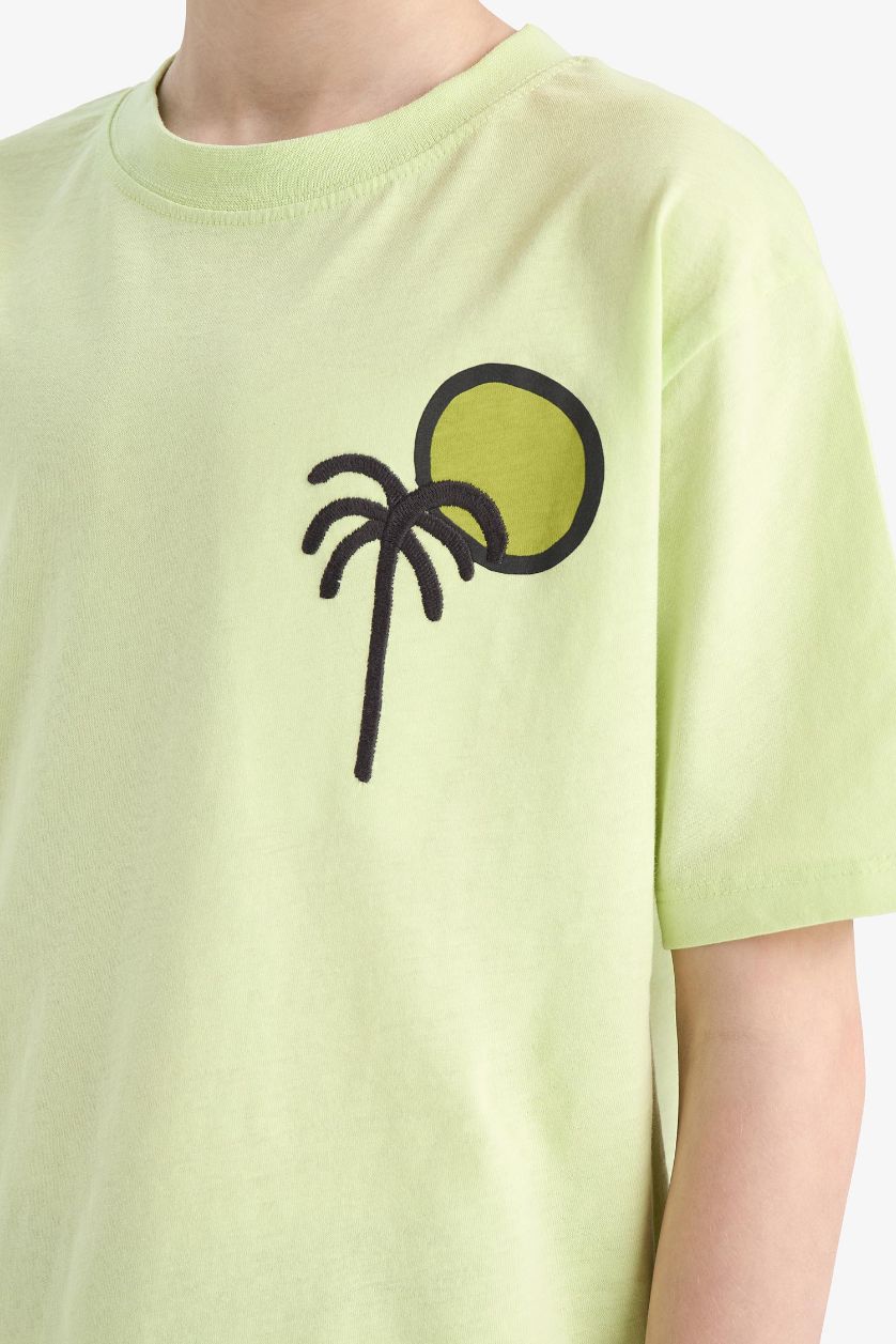 Erkek Çocuk - Genç Erkek Açık Yeşil Bisiklet Yaka Sırt Baskılı Kısa Kollu Tişört Erkek Çocuk