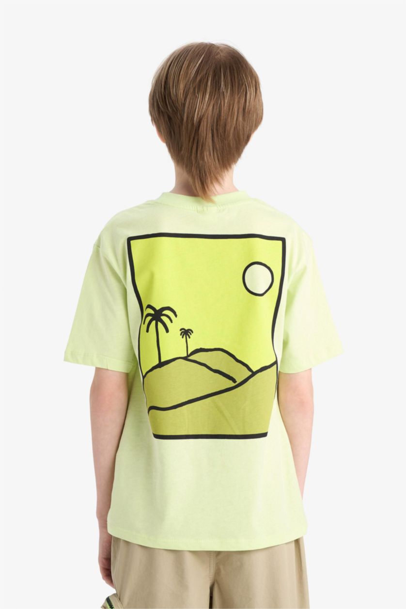 Erkek Çocuk - Genç Erkek Açık Yeşil Bisiklet Yaka Sırt Baskılı Kısa Kollu Tişört Erkek Çocuk