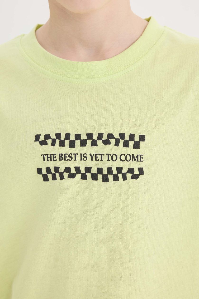 Erkek Çocuk - Genç Erkek Açık Yeşil Bisiklet Yaka Sırt Baskılı Kısa Kollu Tişört Erkek Çocuk