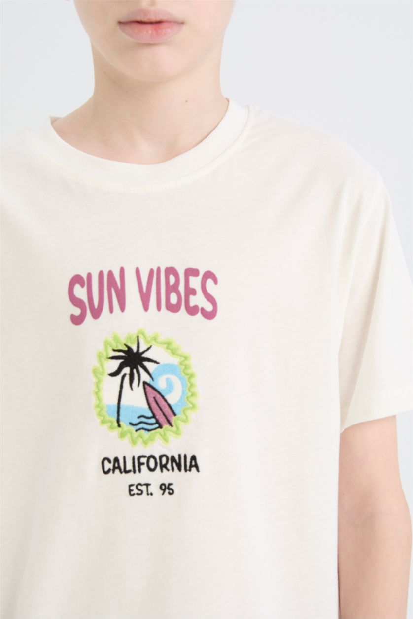 Erkek Çocuk - Genç Erkek Kırık Beyaz Bisiklet Yaka Sırt Baskılı Kısa Kollu Tişört Erkek Çocuk