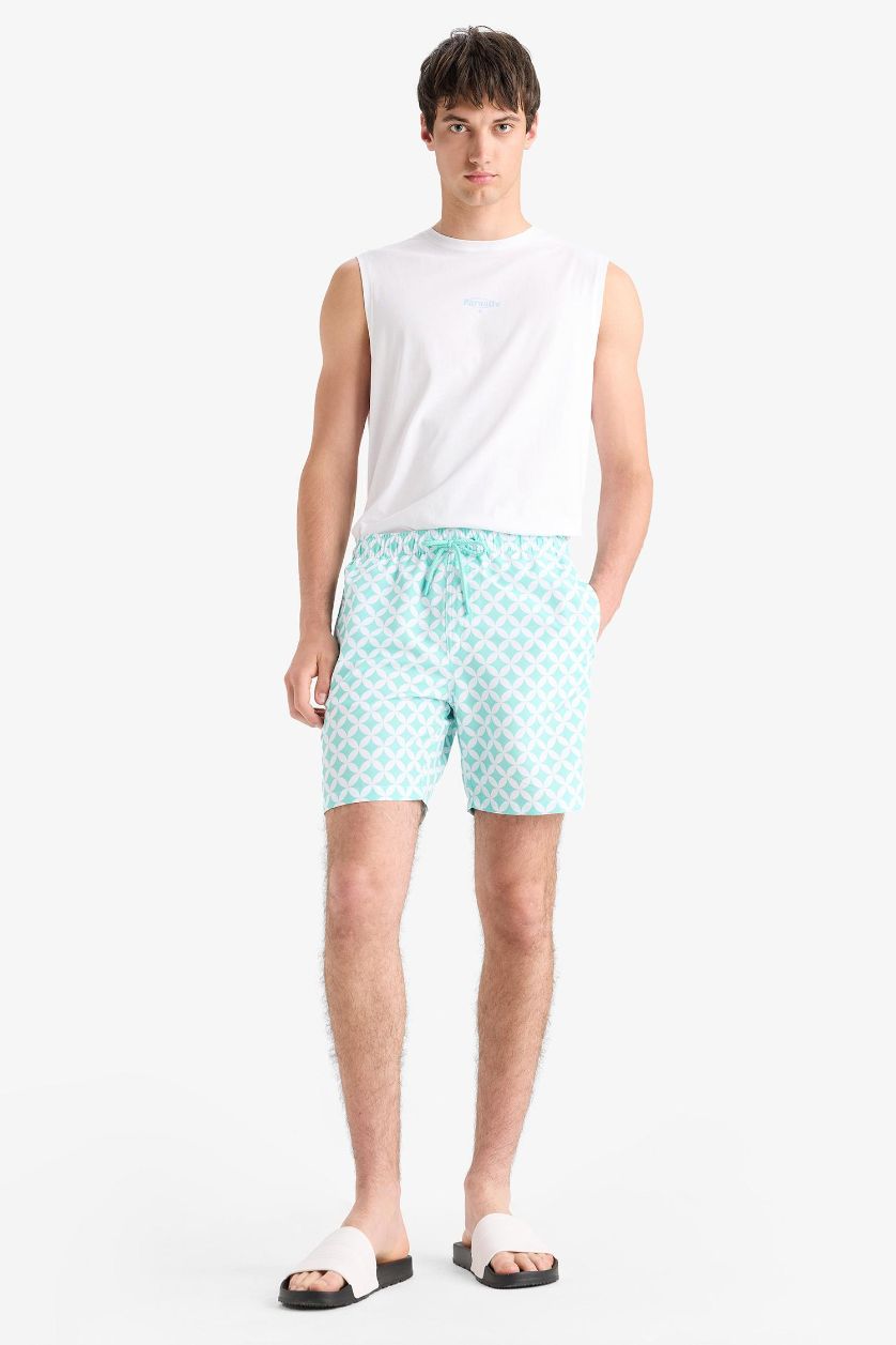 Erkek Mint Regular Fit Desenli File Astarlı Kısa Boy Deniz Şortu