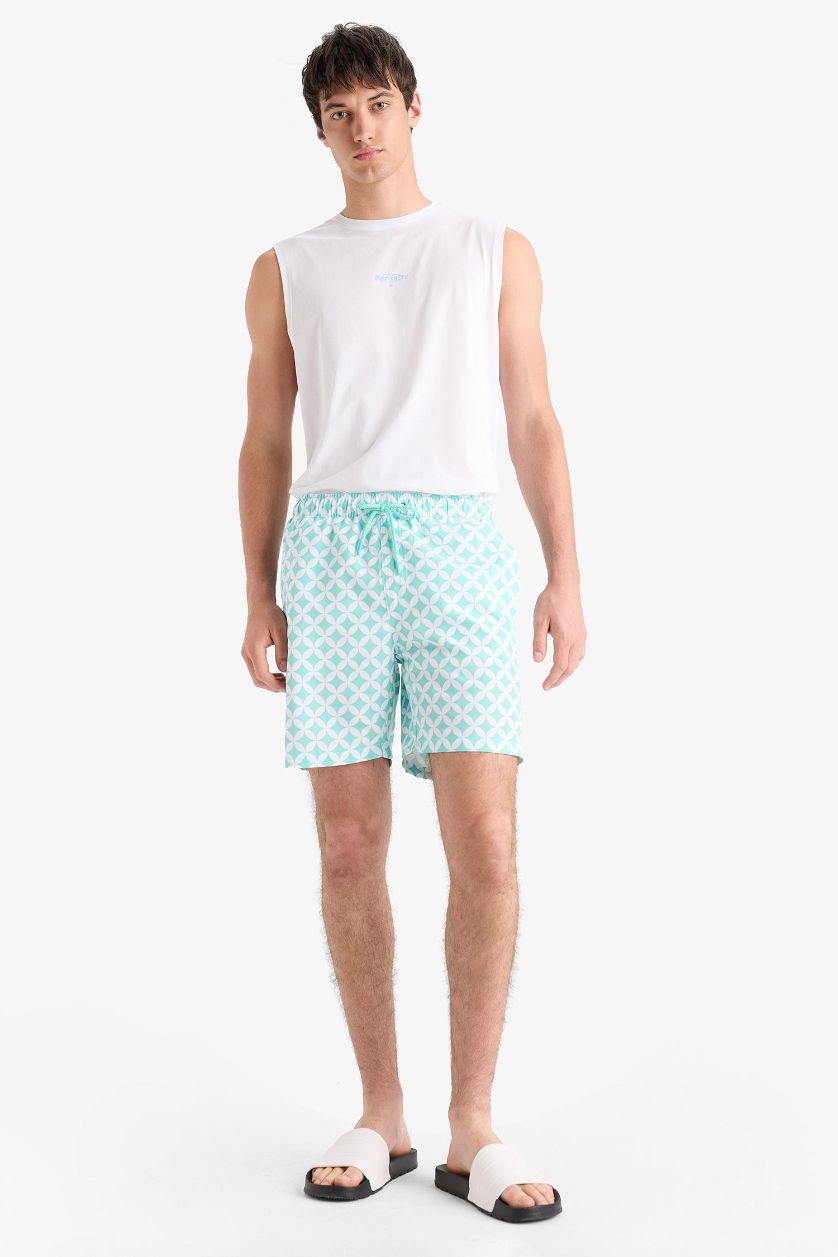 Erkek Mint Regular Fit Desenli File Astarlı Kısa Boy Deniz Şortu