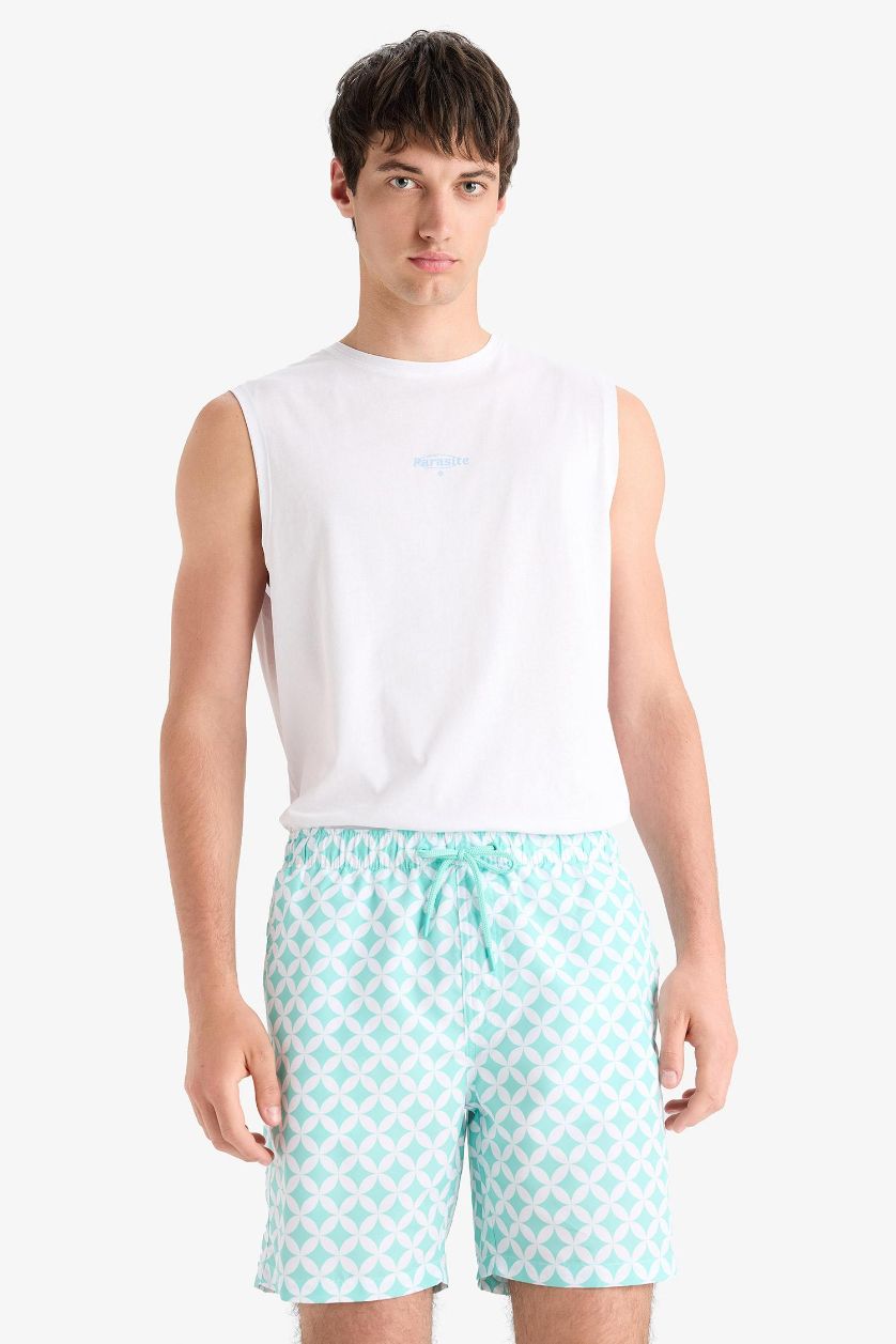 Erkek Mint Regular Fit Desenli File Astarlı Kısa Boy Deniz Şortu