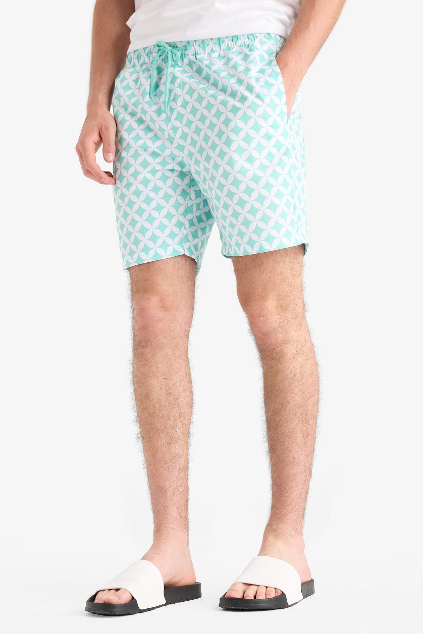 Erkek Mint Regular Fit Desenli File Astarlı Kısa Boy Deniz Şortu