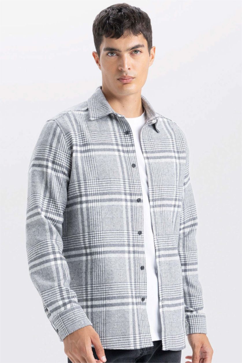 MAN Light Anthracite Regular Fit Plaid Flannel Long Sleeve Shirt