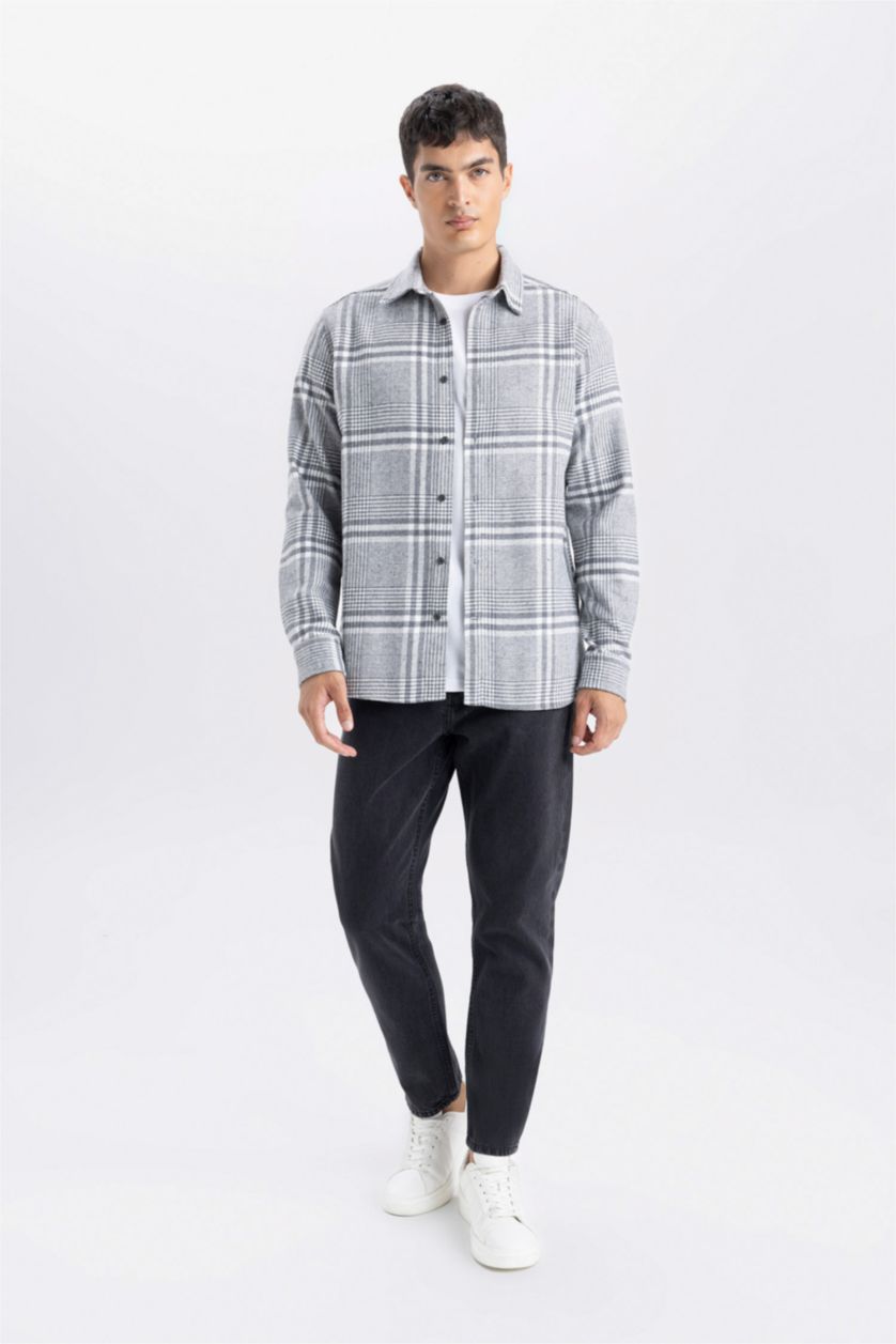 MAN Light Anthracite Regular Fit Plaid Flannel Long Sleeve Shirt