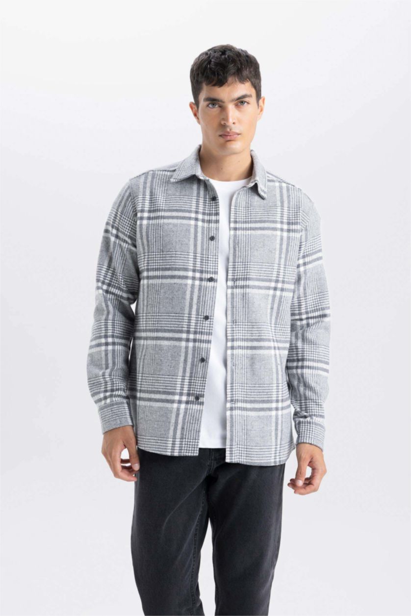MAN Light Anthracite Regular Fit Plaid Flannel Long Sleeve Shirt