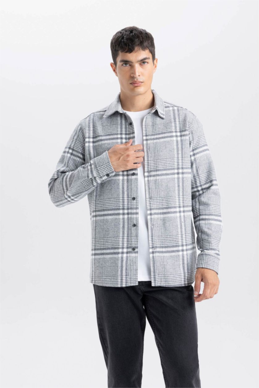 MAN Light Anthracite Regular Fit Plaid Flannel Long Sleeve Shirt