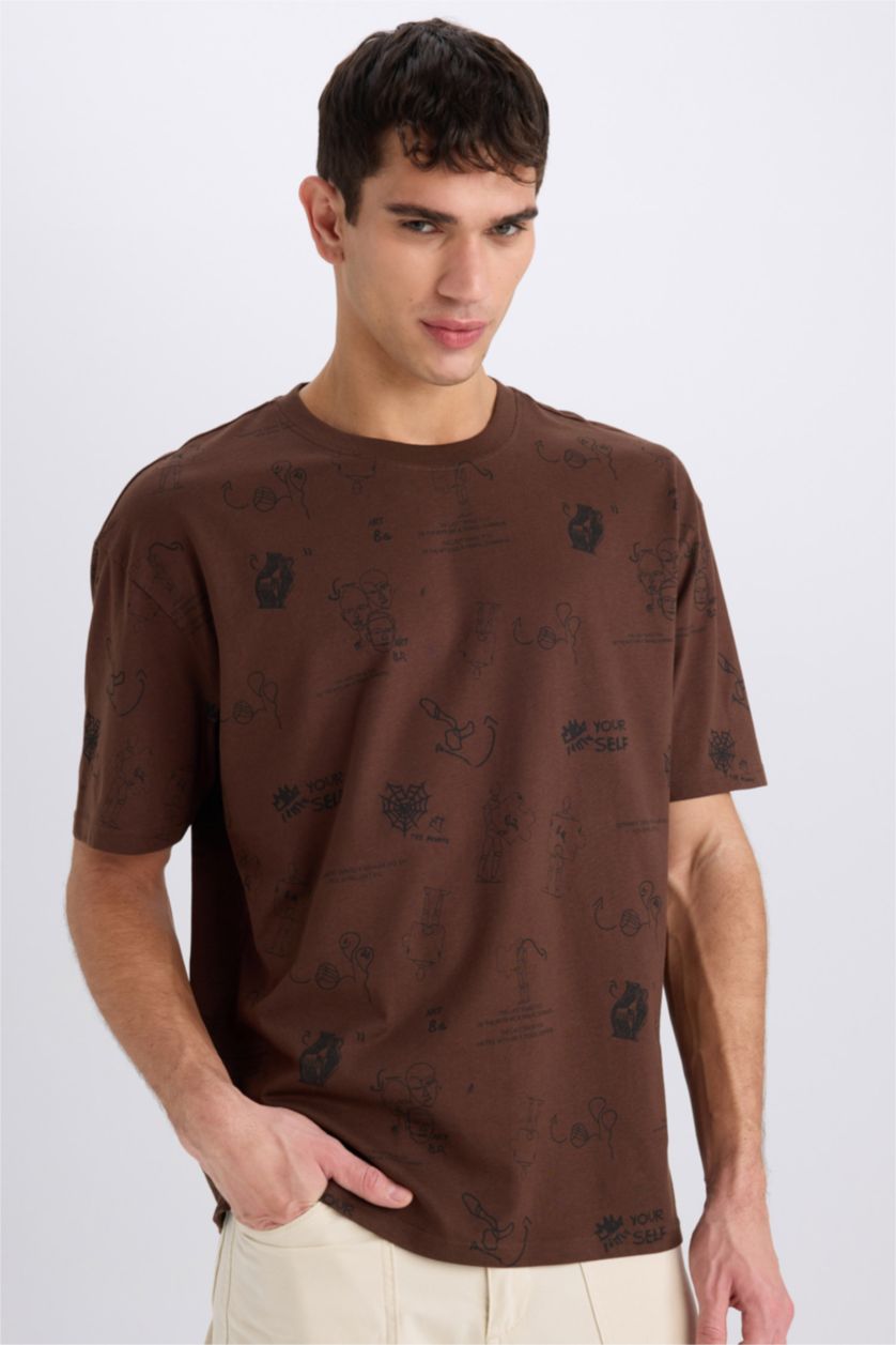 MAN Brown Oversize Crew Neck Printed Short Sleeve T-Shirt