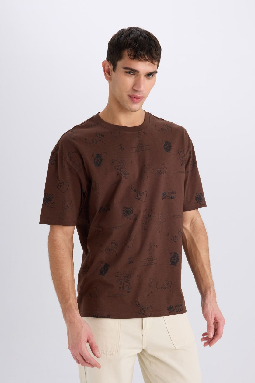 MAN Brown Oversize Crew Neck Printed Short Sleeve T-Shirt