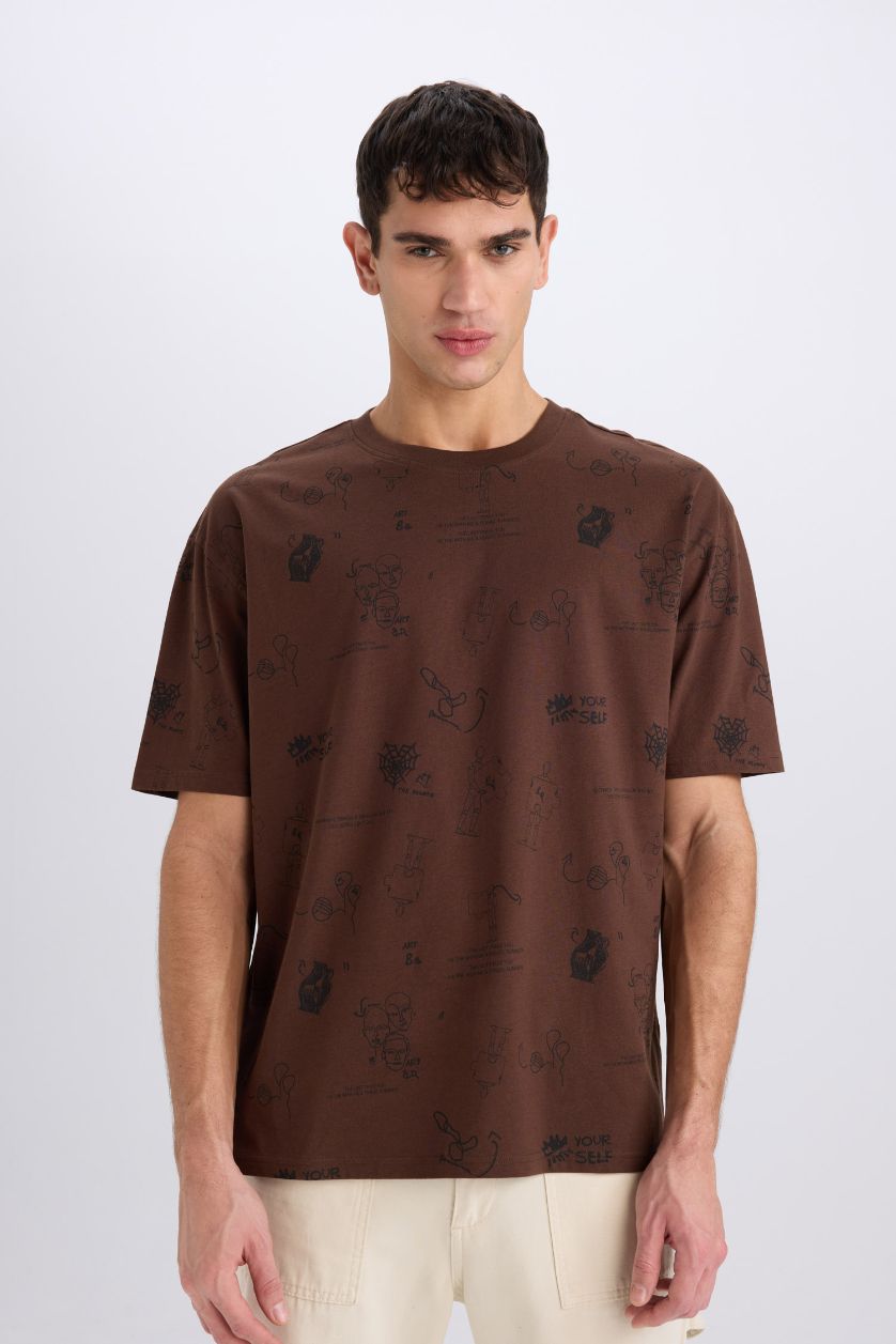 MAN Brown Oversize Crew Neck Printed Short Sleeve T-Shirt
