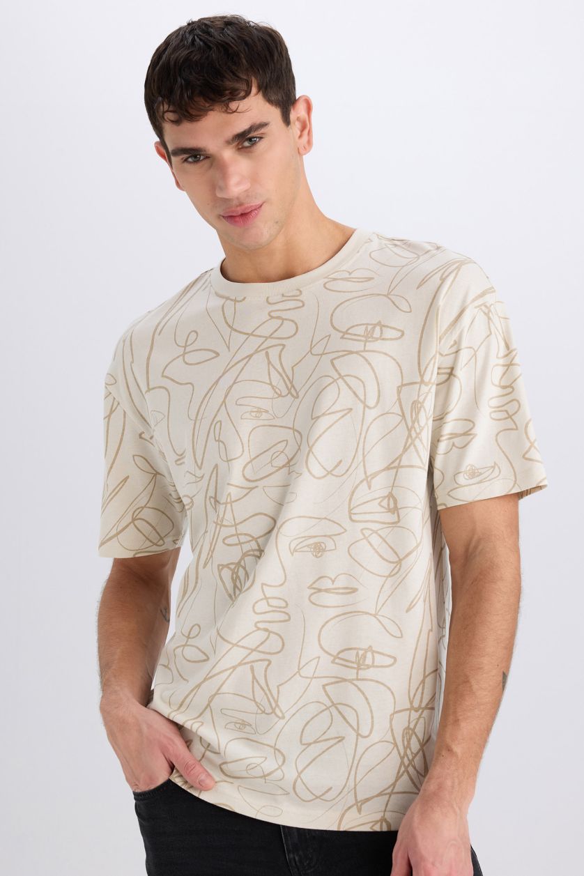 MAN Ecru Boxy Fit Crew Neck Printed Short Sleeve T-Shirt