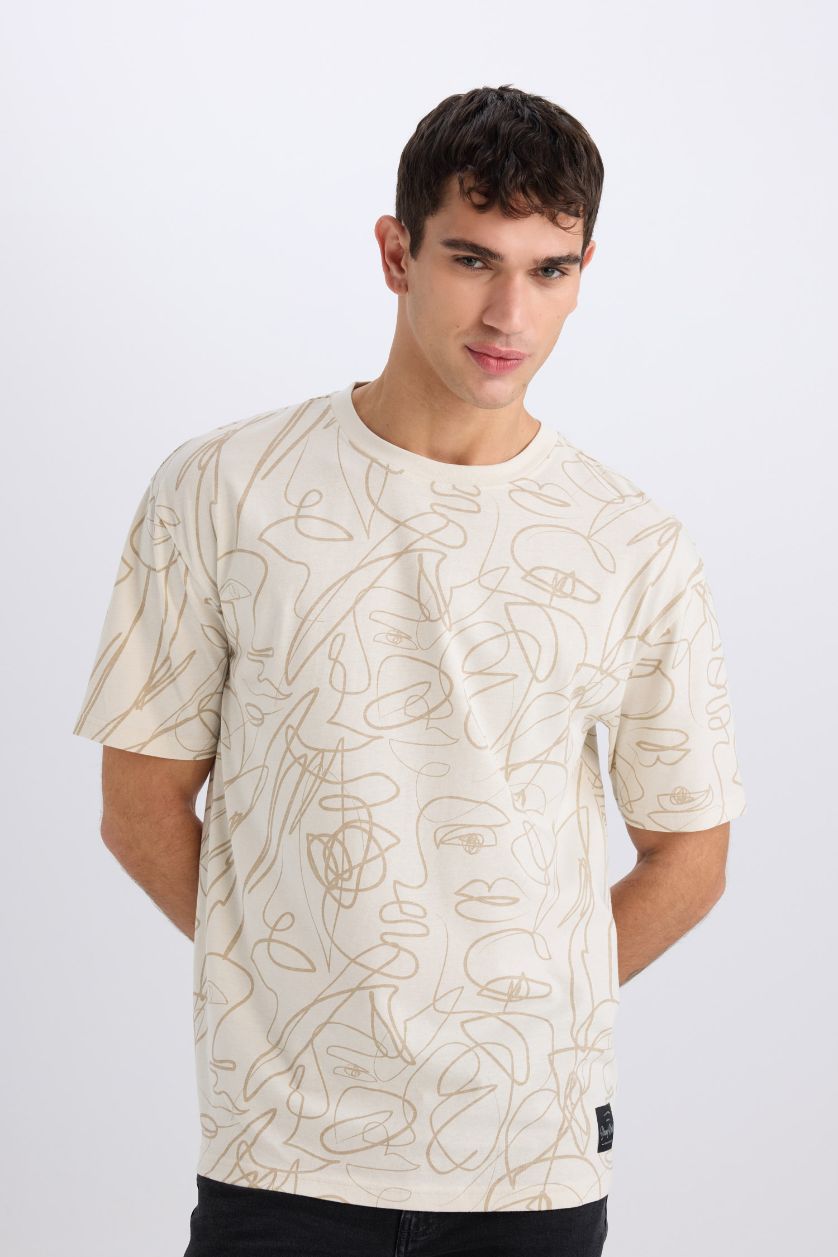 MAN Ecru Boxy Fit Crew Neck Printed Short Sleeve T-Shirt