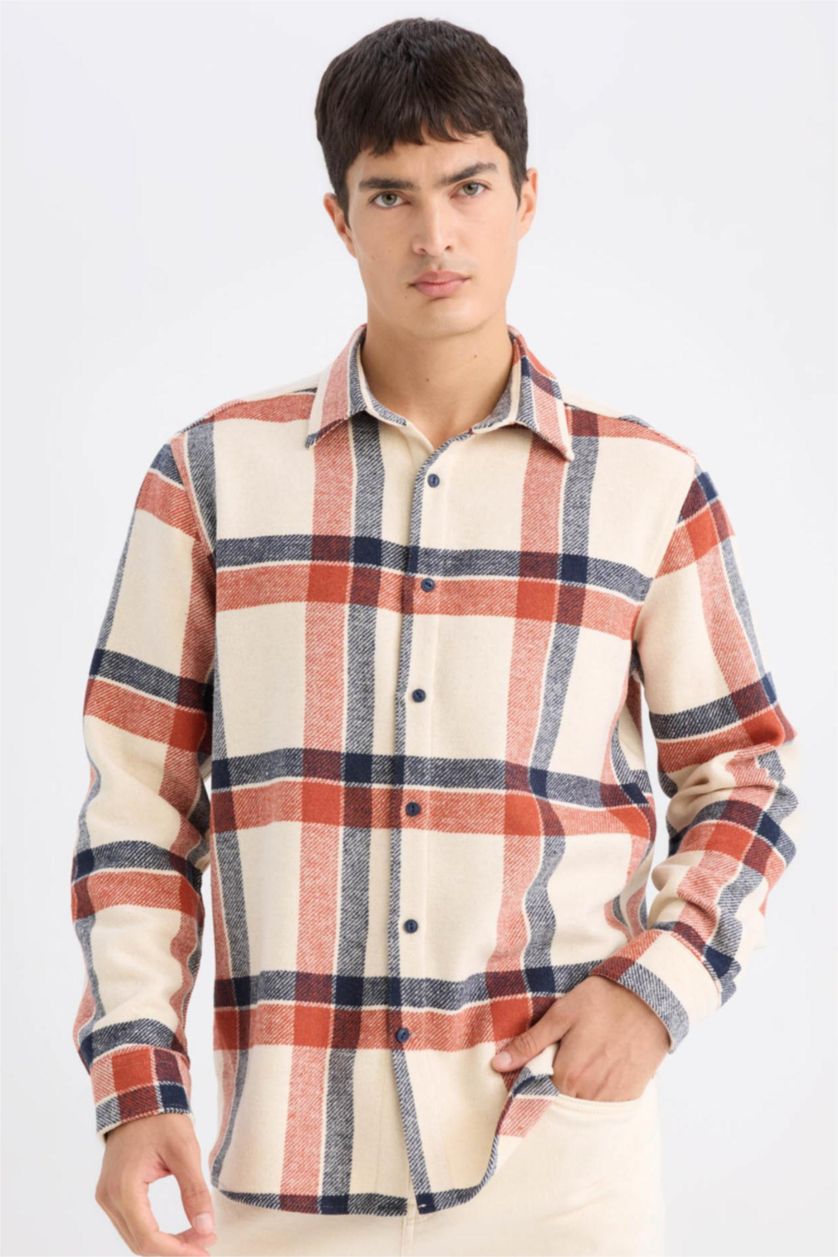 MAN Ecru Regular Fit Plaid Flannel Long Sleeve Shirt