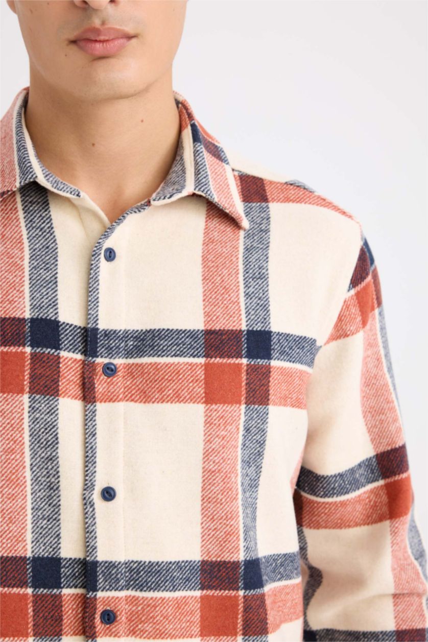 MAN Ecru Regular Fit Plaid Flannel Long Sleeve Shirt