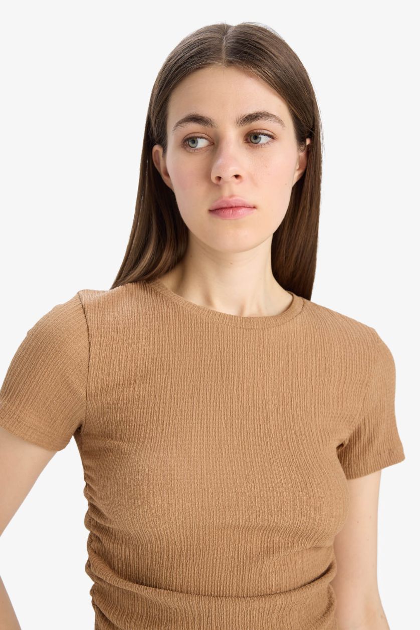 نساء فيزوني تيشيرت نص كم سليم برقبة مستديرة