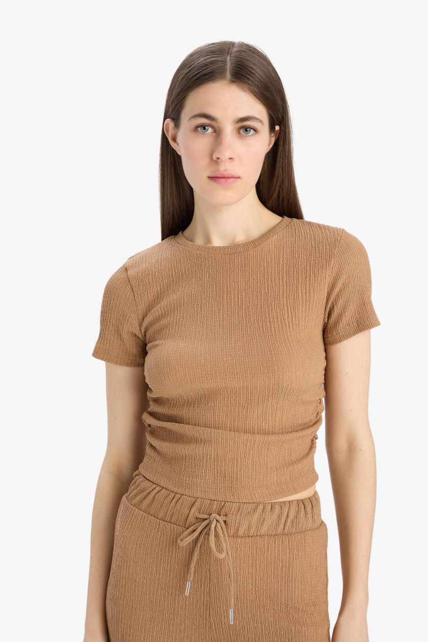 نساء فيزوني تيشيرت نص كم سليم برقبة مستديرة