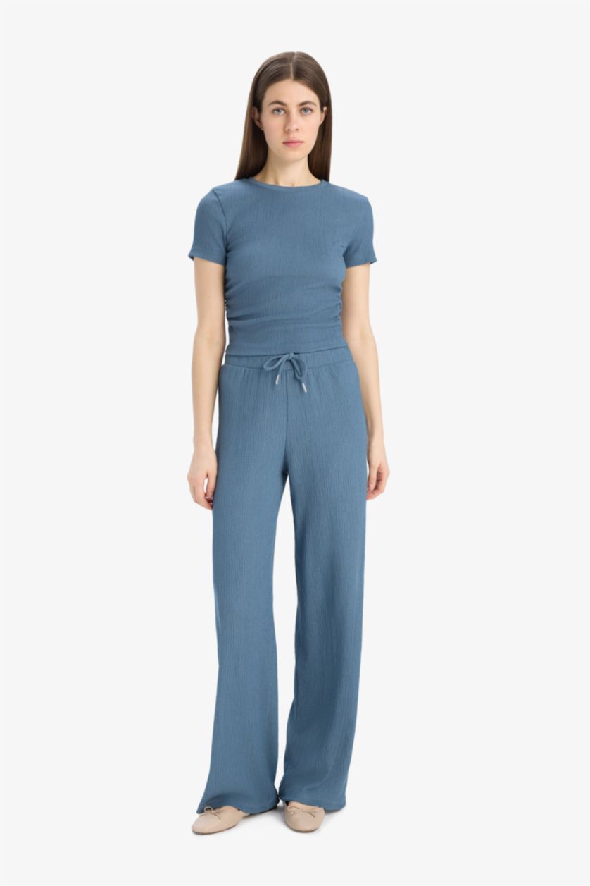 Kadın Açık İndigo Slım Fıt Bürümcük Kısa Kollu Tişört