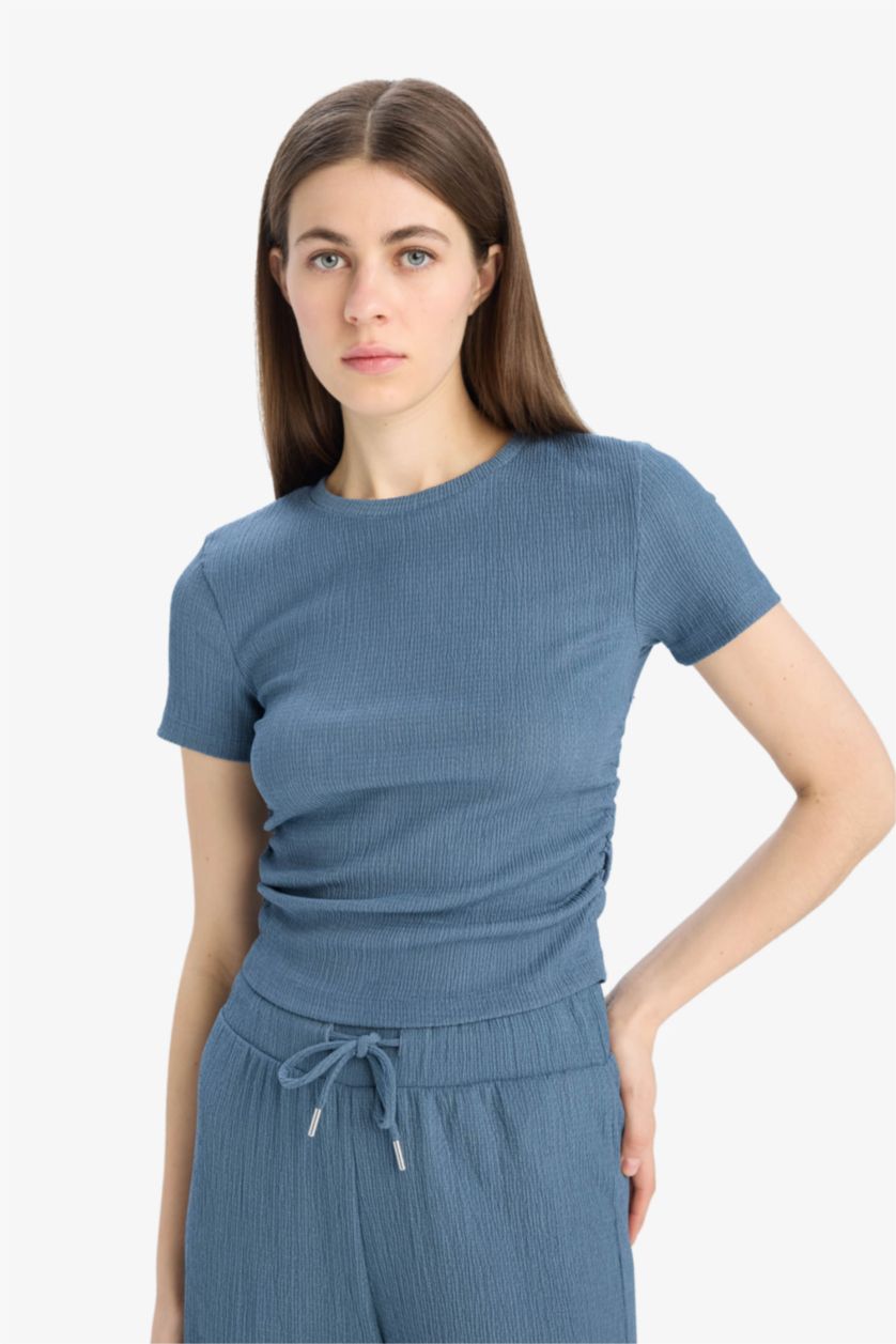 Kadın Açık İndigo Slım Fıt Bürümcük Kısa Kollu Tişört