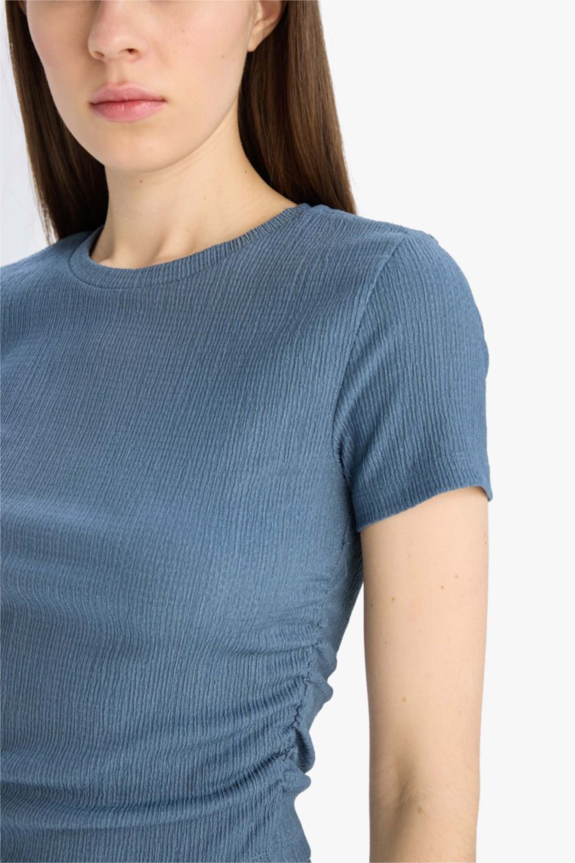 Kadın Açık İndigo Slım Fıt Bürümcük Kısa Kollu Tişört