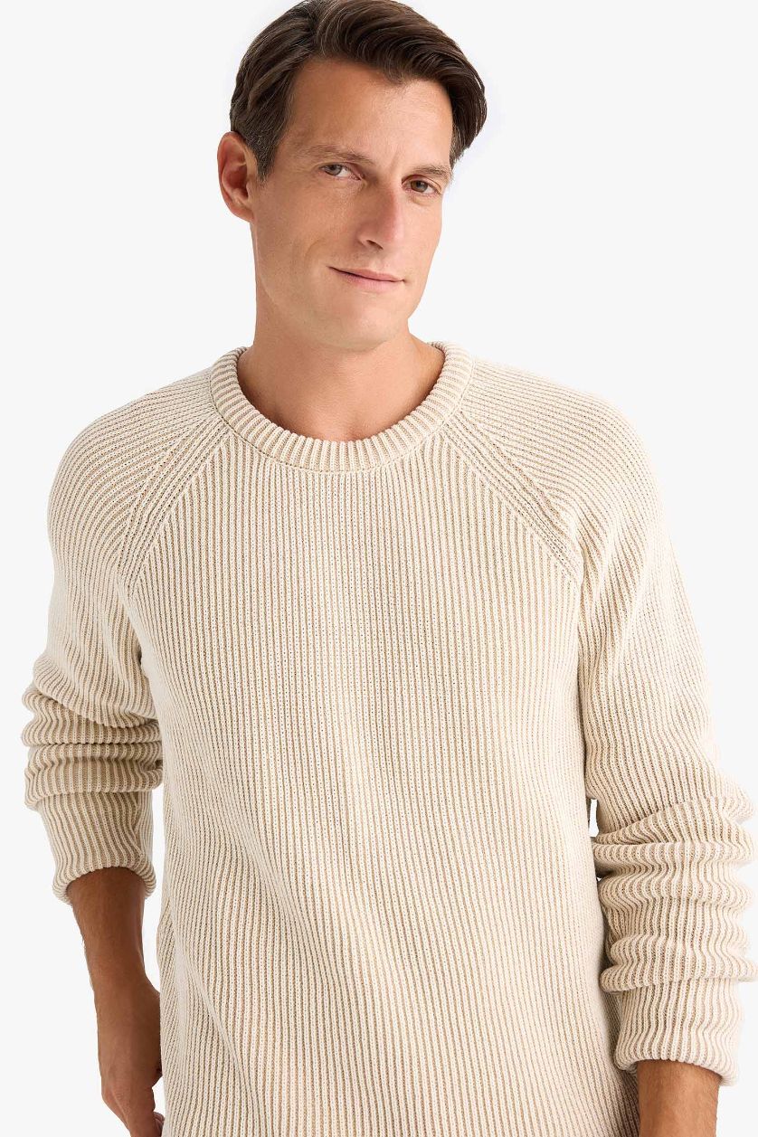 HOMME Écru Pull tricot à col rond et coupe standard