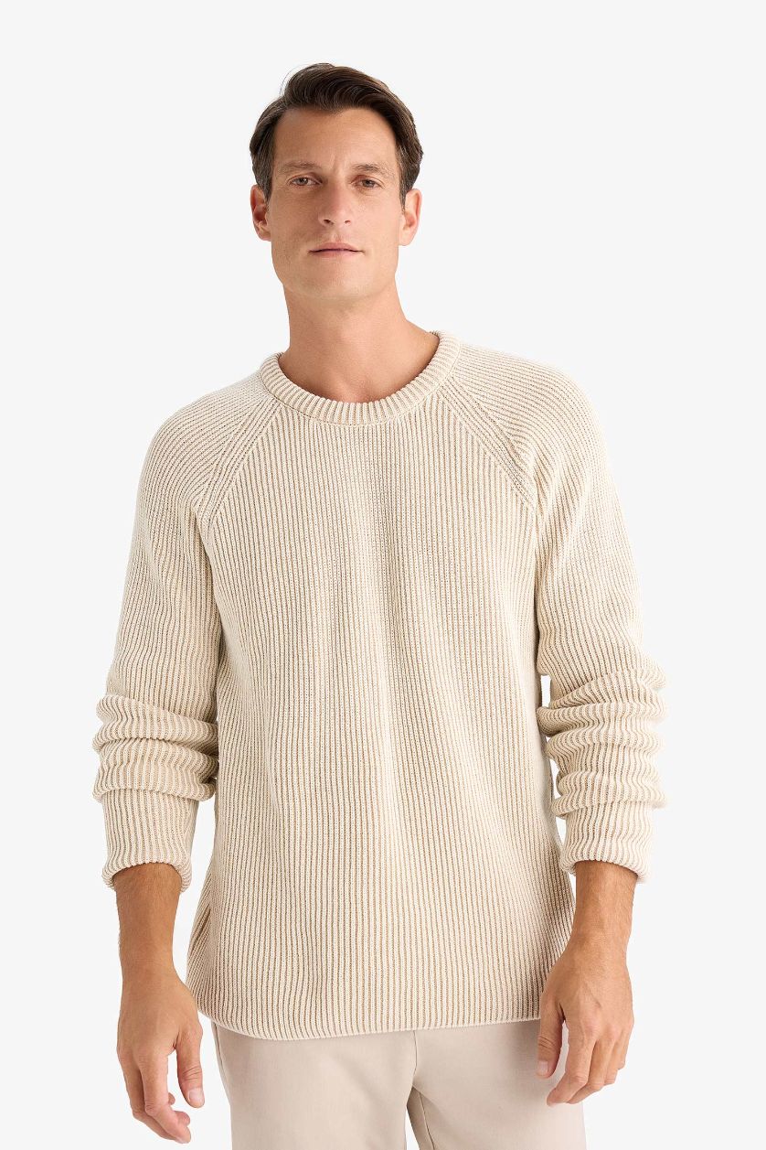 HOMME Écru Pull tricot à col rond et coupe standard