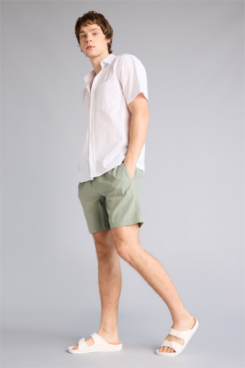 Erkek Açık Haki Regular Fit Kısa Boy Yumuşak Tuşeli Deniz Şortu