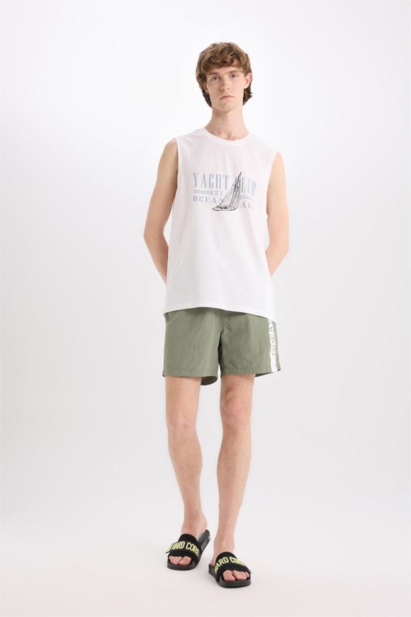 MAN Light Khaki Printed Mesh Lined Above Knee Swim Shorts