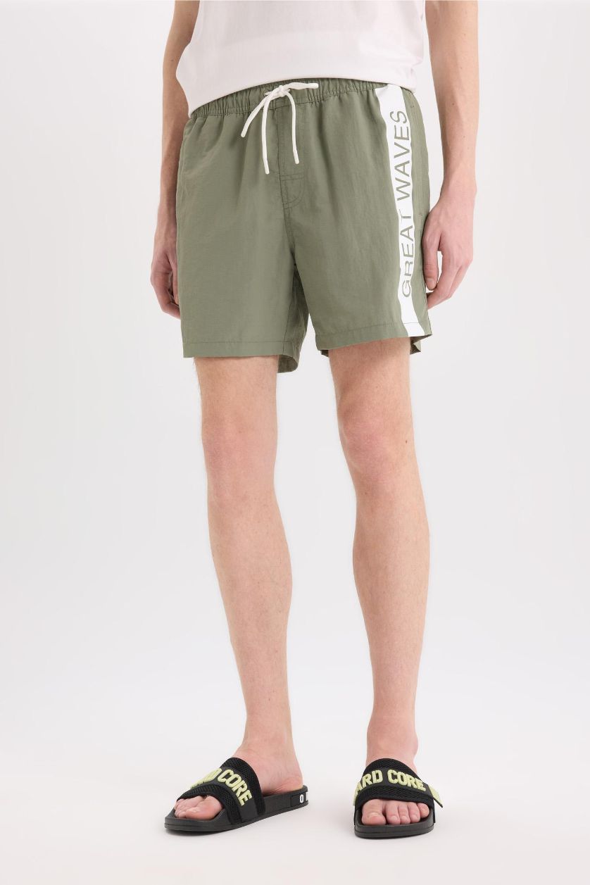 MAN Light Khaki Printed Mesh Lined Above Knee Swim Shorts