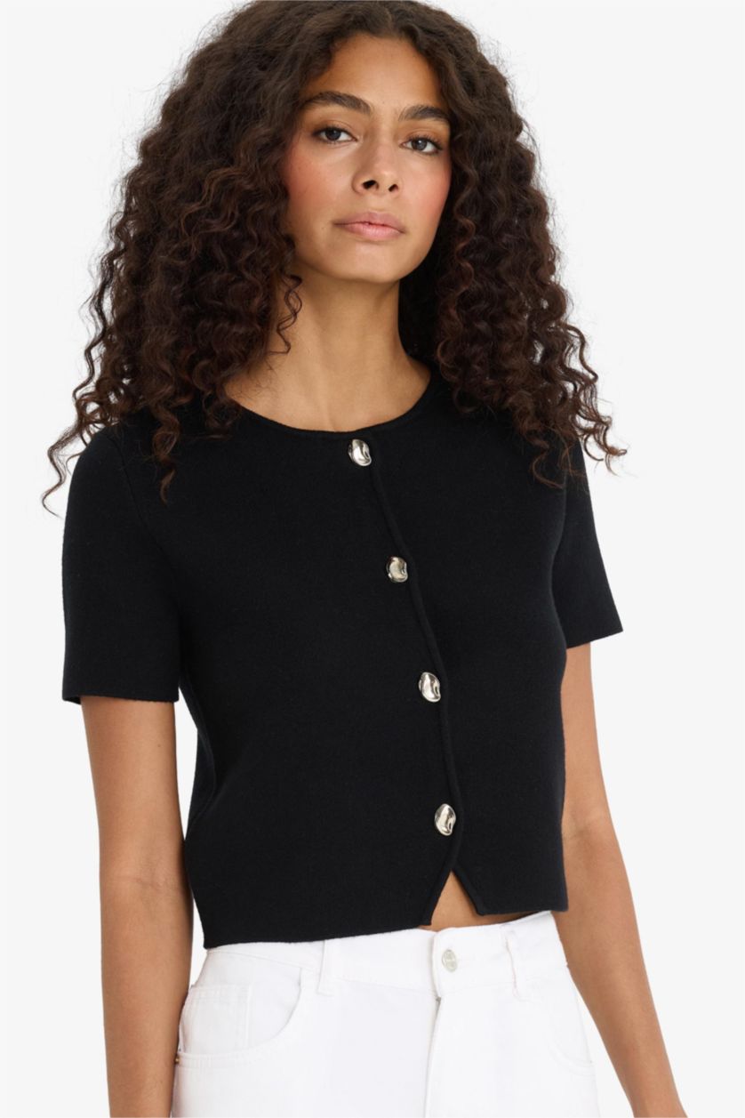 Woman Black Regular Fit Crew Neck Knitwear Cardigan