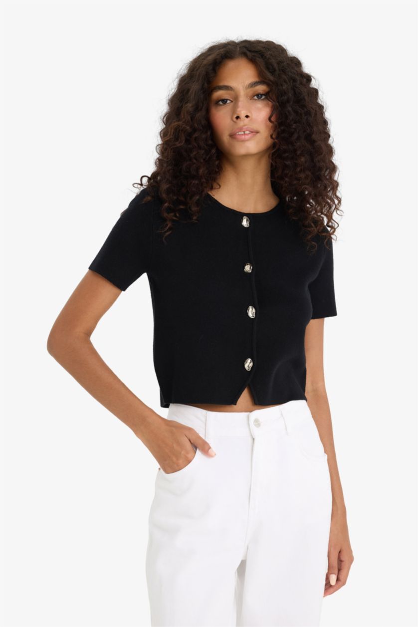 Woman Black Regular Fit Crew Neck Knitwear Cardigan