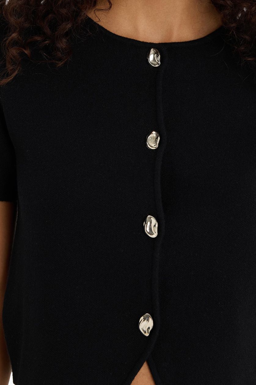 Woman Black Regular Fit Crew Neck Knitwear Cardigan