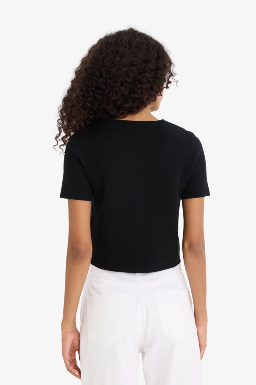 Woman Black Regular Fit Crew Neck Knitwear Cardigan