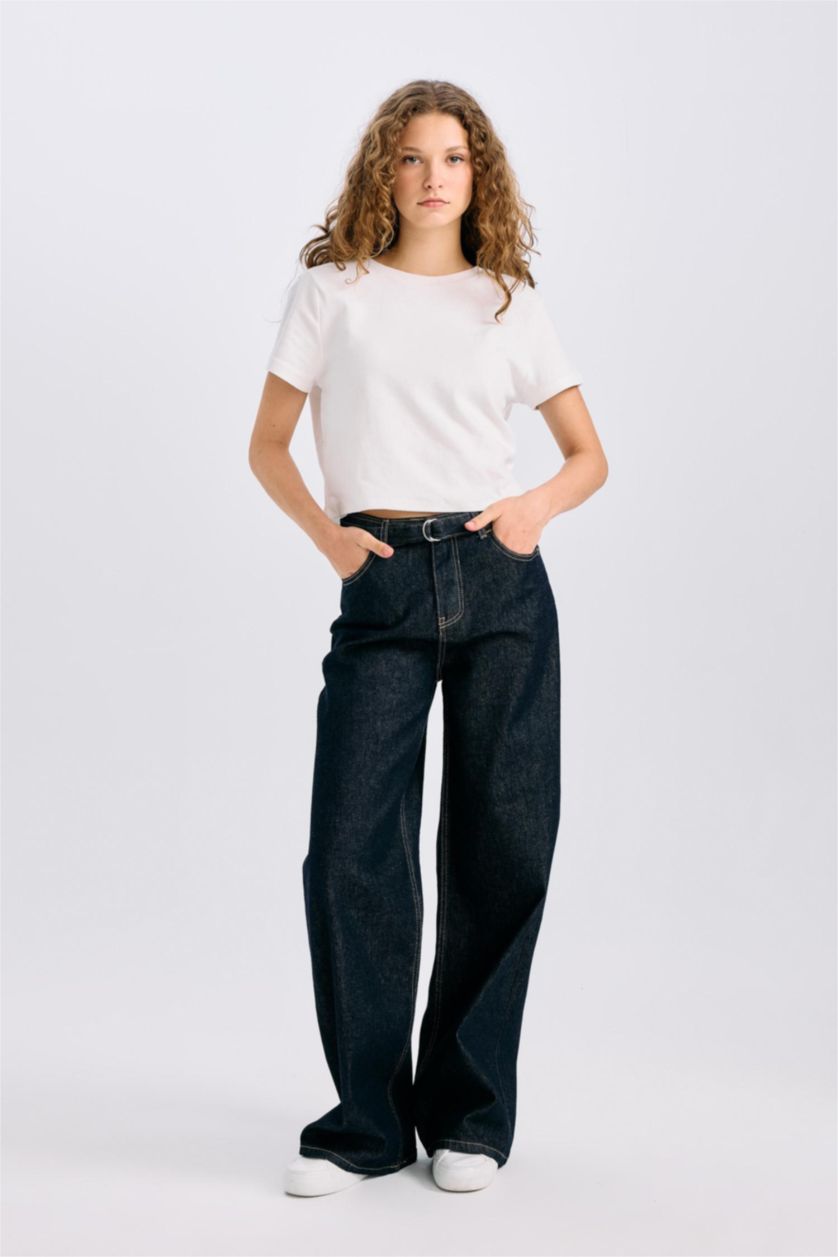 Kadın Koyu Mavi Wide Leg Fit Geniş Kalıp Yüksek Bel Geniş Paça Uzun Jean Pantolon