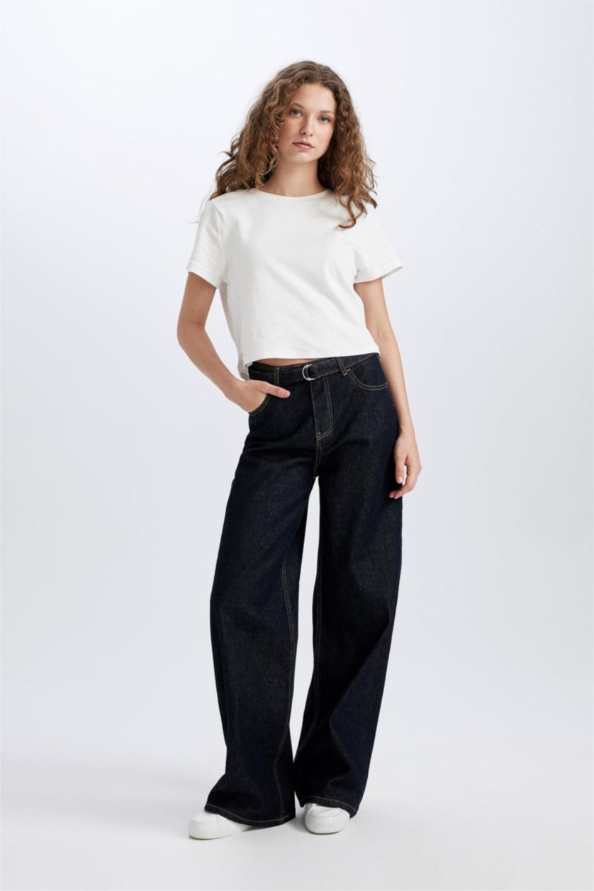 Kadın Koyu Mavi Wide Leg Fit Geniş Kalıp Yüksek Bel Geniş Paça Uzun Jean Pantolon