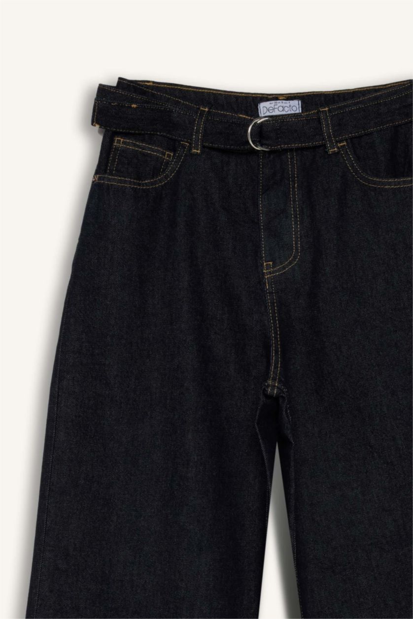 Kadın Koyu Mavi Wide Leg Fit Geniş Kalıp Yüksek Bel Geniş Paça Uzun Jean Pantolon