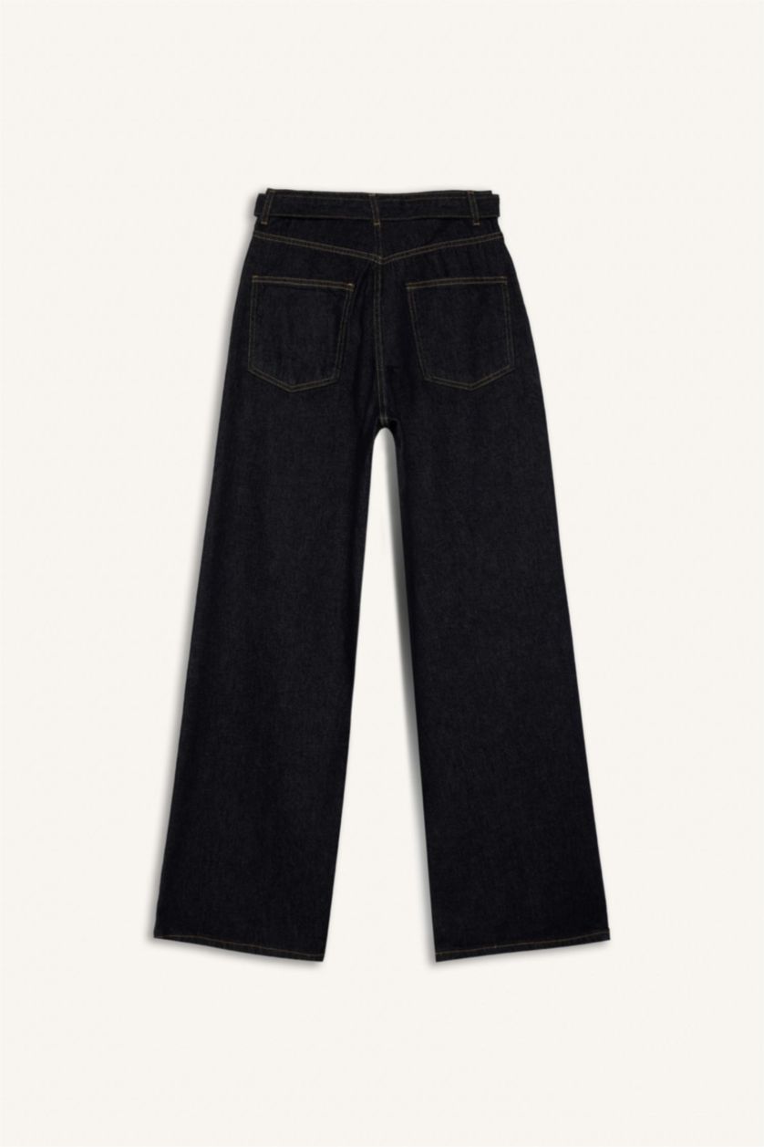 Kadın Koyu Mavi Wide Leg Fit Geniş Kalıp Yüksek Bel Geniş Paça Uzun Jean Pantolon