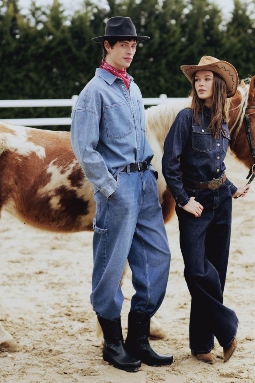 Kadın Koyu Mavi Wide Leg Fit Geniş Kalıp Yüksek Bel Geniş Paça Uzun Jean Pantolon