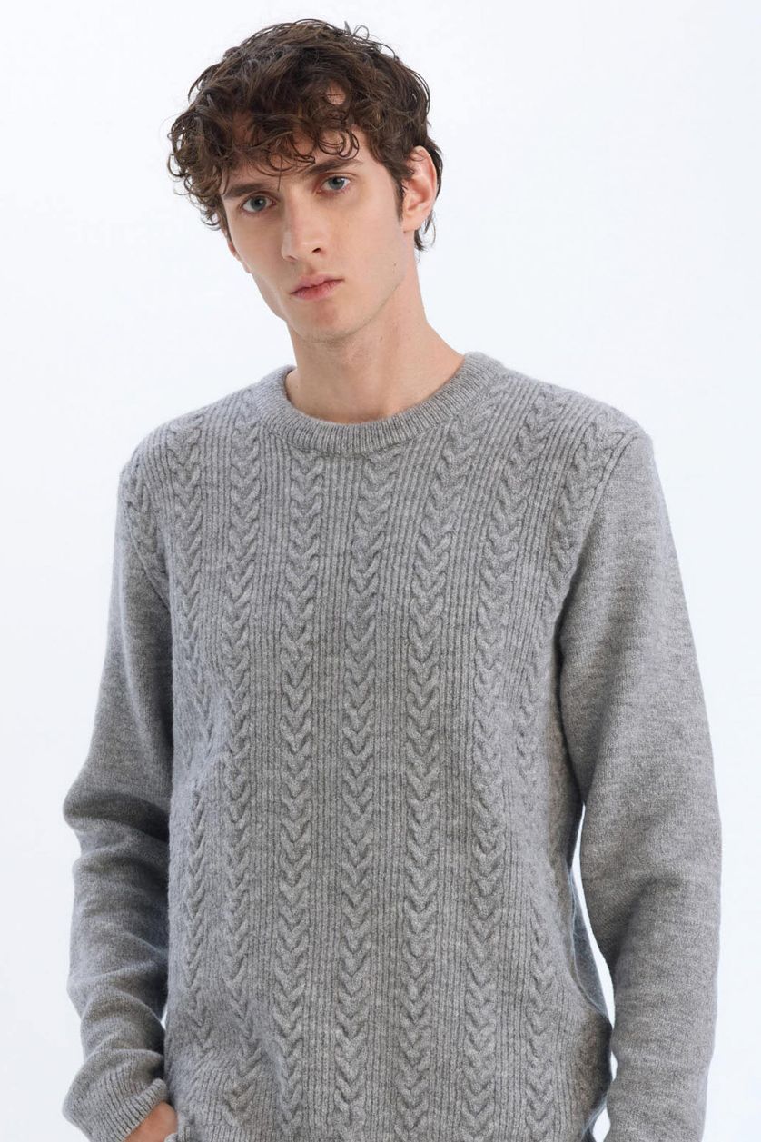 Erkek Gri Melanj Standart Fit Bisiklet Yaka Triko Kazak