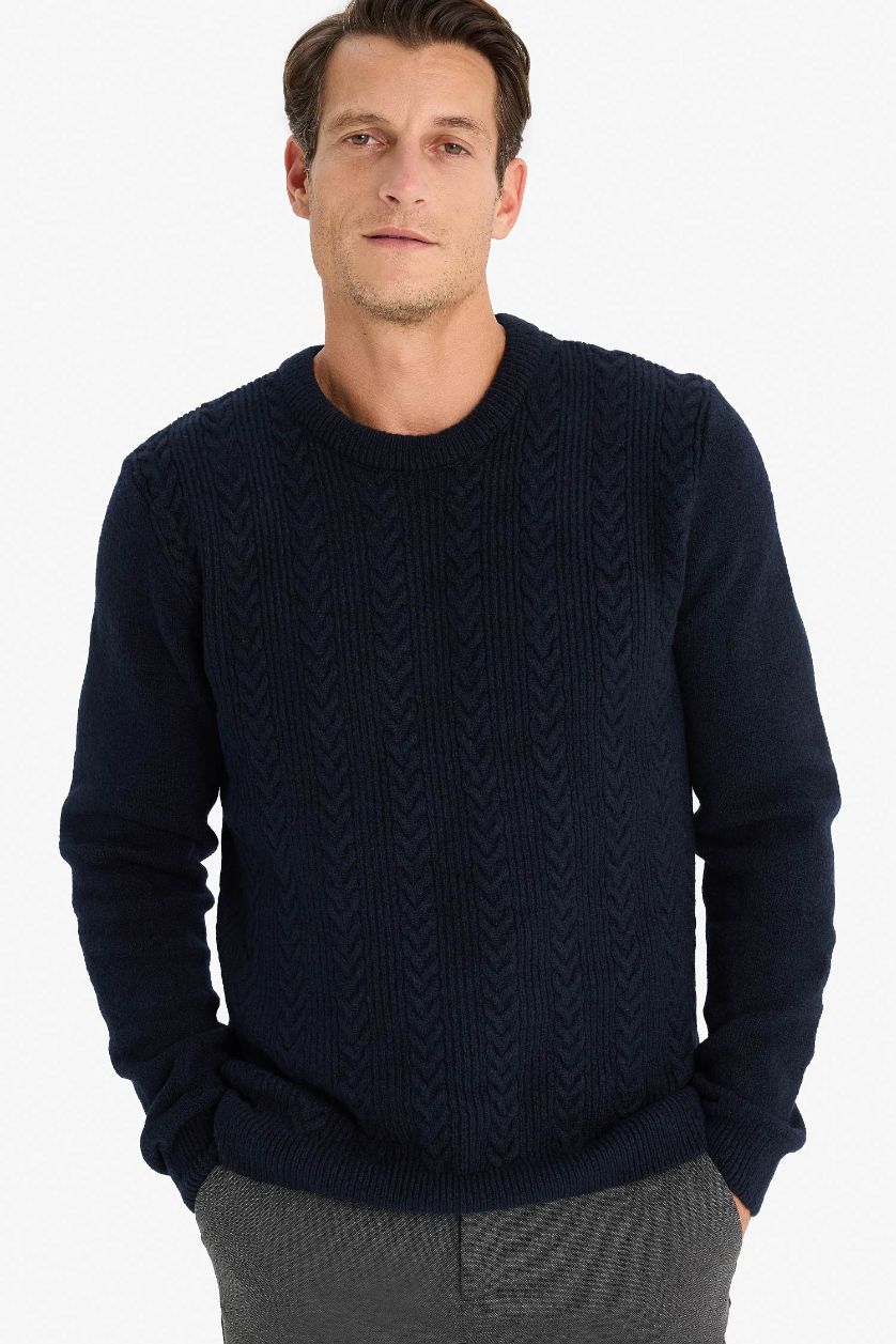 Erkek Lacivert Standart Fit Bisiklet Yaka Triko Kazak