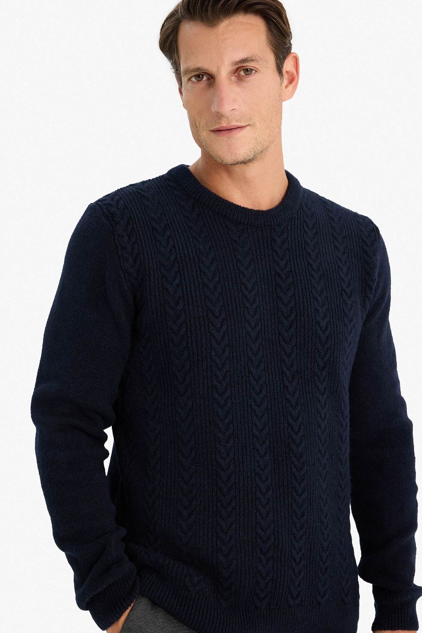 Erkek Lacivert Standart Fit Bisiklet Yaka Triko Kazak